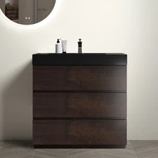 24" 30" 36" Bathroom Vanity w/Black Sink, Freestanding Vanity Cabinet, 3 Drawers