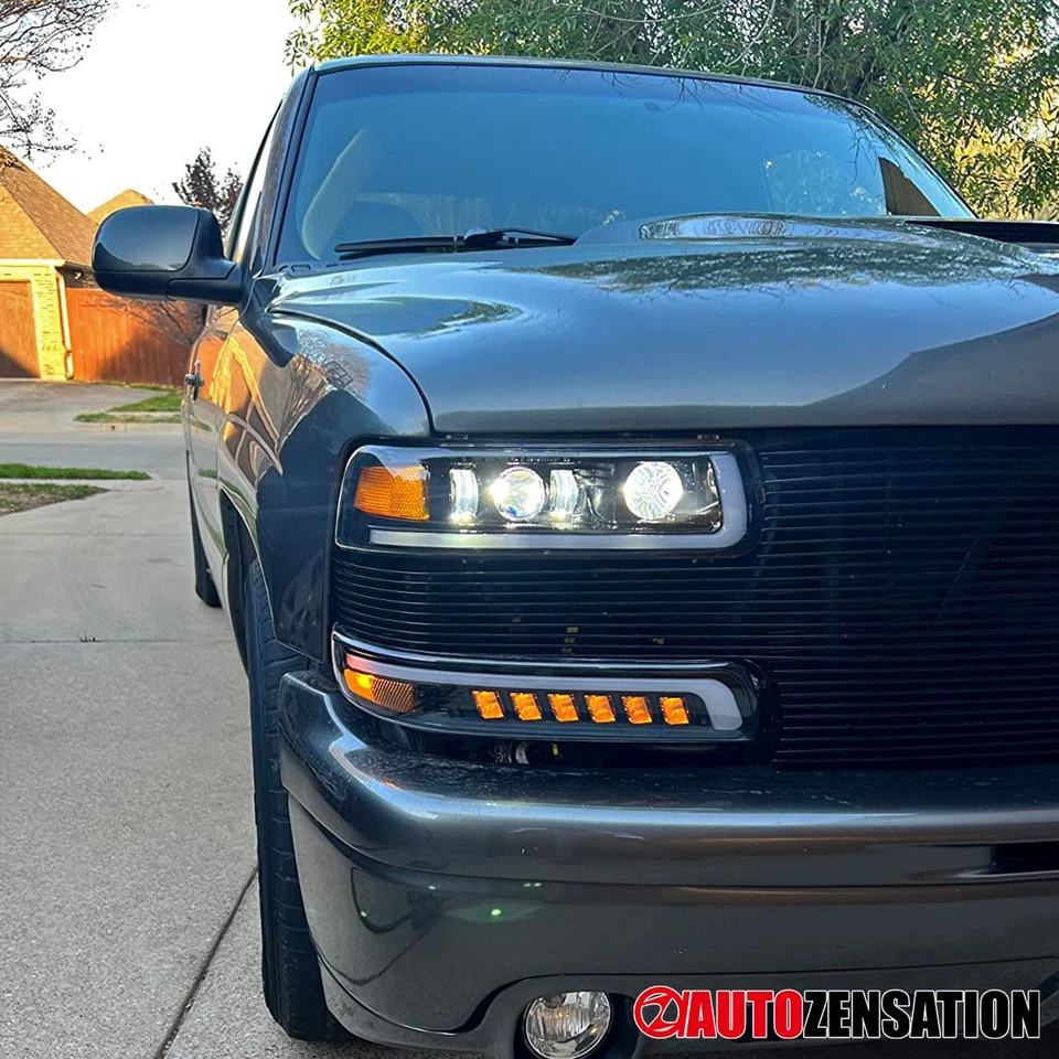 Fit 1999-2002 Silverado Tahoe Slick Black LED Projector Headlights+Bumper Lamps Foto 3 de 4