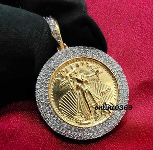 Authentic 1.5 ct Moissanite Men's Coin Lady Liberty Pendant 14k Yellow Gold Plated Silver