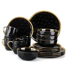  16 Pieces Plates and Bowls Sets, 16 Piece (Service for 4) Black and Gold