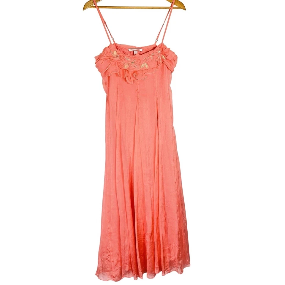 Antigo Vestido Rebecca Taylor Tamanho 6 Midi 100% Seda Chiffon Y2K Fada Rosa Flowy Frisado - Imagem 2 de 4