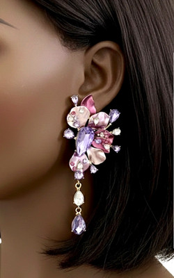 4'' Long Silk Purple Lavender Enamel Luxurious Statement Crystal Earrings