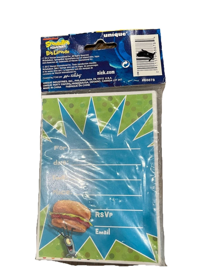 SpongeBob SquarePants Party Invitation Cards w/Envelopes & Seals 8pcs ~ NOS 2012 - Image 2 of 2
