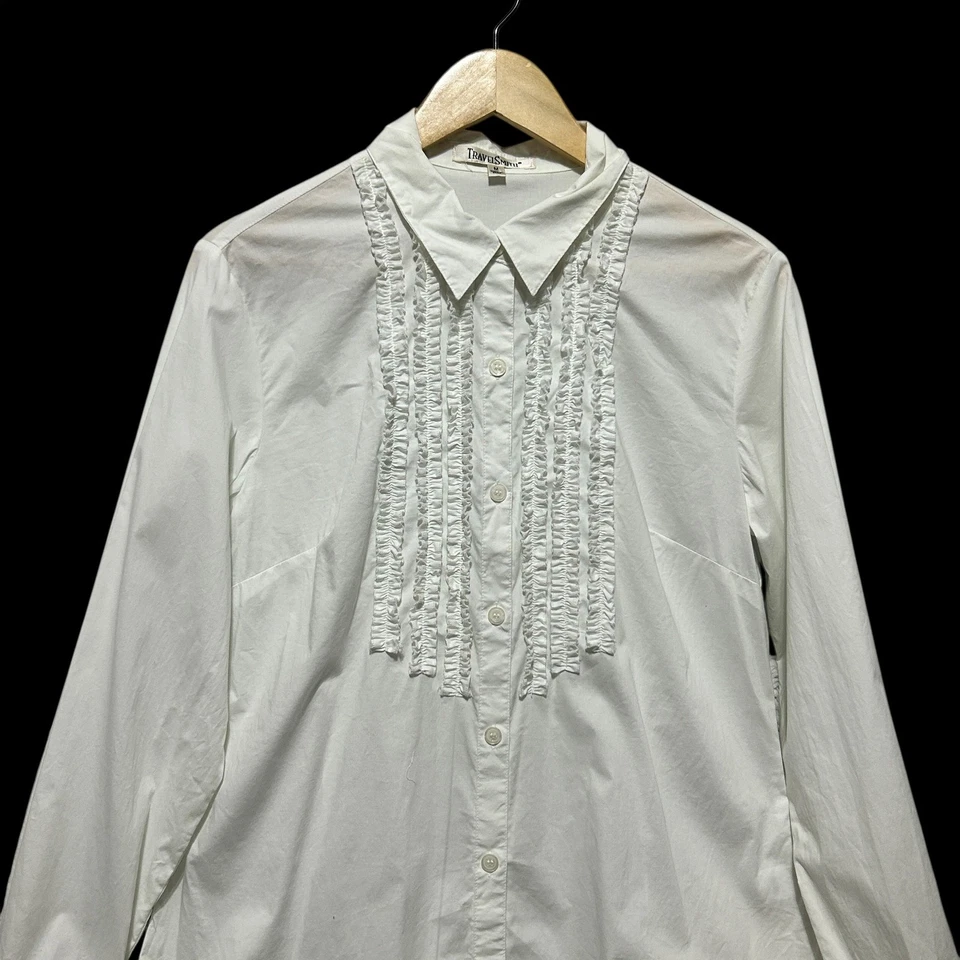 Blusa TravelSmith Mujer Botón M Blanca Volantes Frontal Preppy Minimalista Y2k Retro Foto 3 de 4