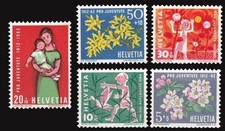 Switzerland 1962 mint no gum 5v, Mother and Child, Duck, Birds, Flowers