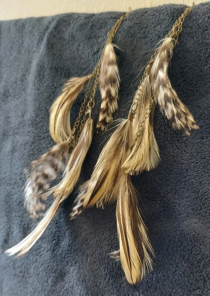 Extra Long 7.5" Feather & Chain Dangle Earrings Tassel Natural Bohemian Festival - Image 2 of 3