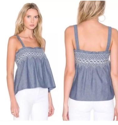 Current Elliot BlueWhite Chambray Smocked Embroider Women Tank Sz1/SM (MRSP$218)