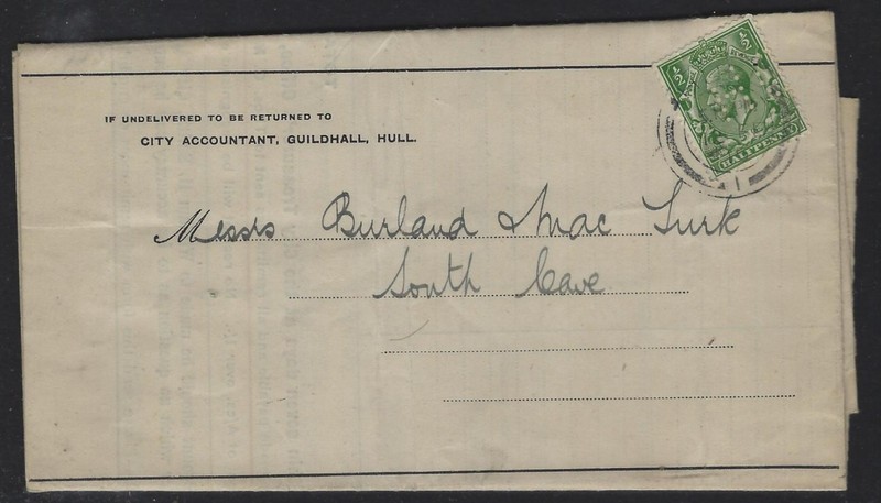 1915 GB Perfin Folded Letter - "HC" - Hull Corporation - Telephone Statement