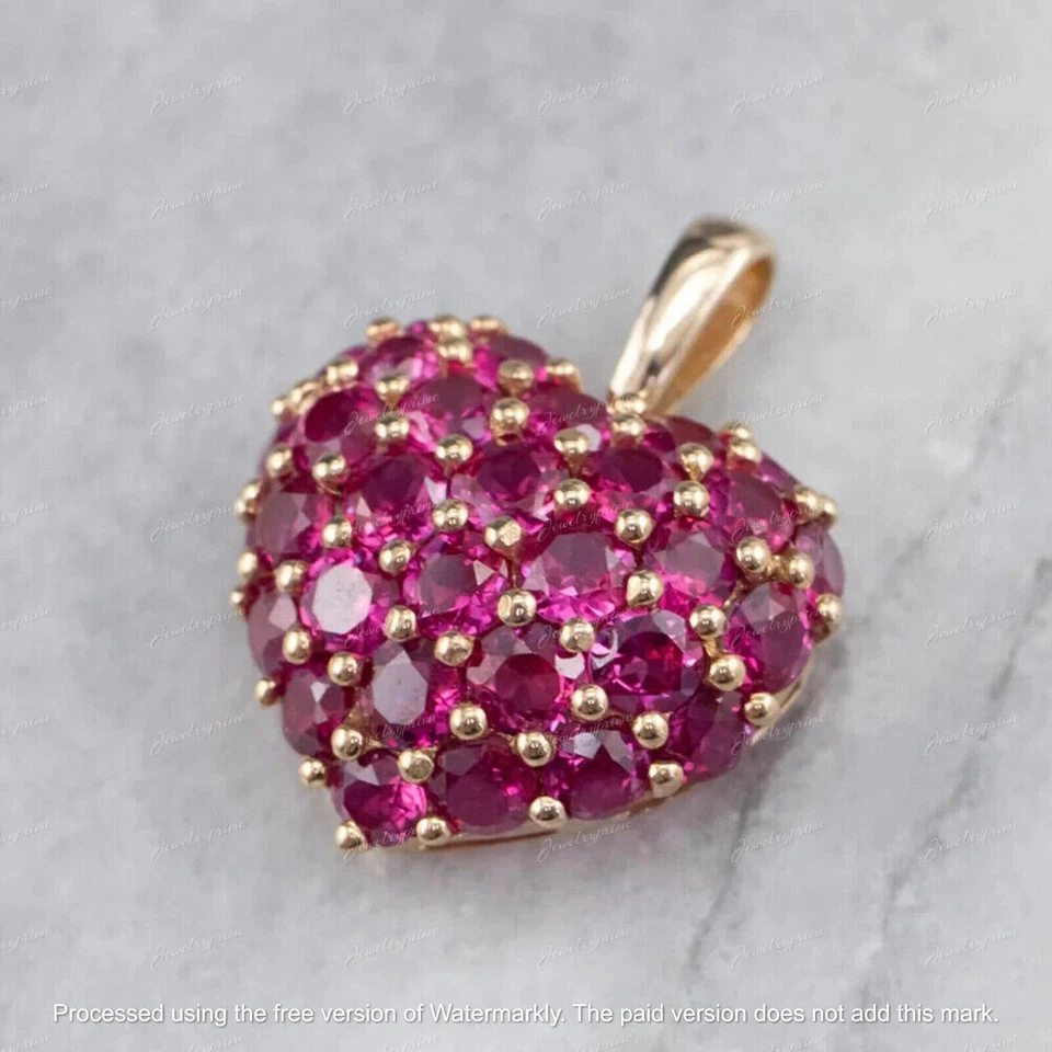 3 克拉圆形切割红宝石簇心形吊坠项链 14K 黄金以上 — 第 4/4 张图片