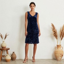 Evening Vintage Midi Dress Blue Velvet Shift V-Neck Sleeveless Zip Party US 6