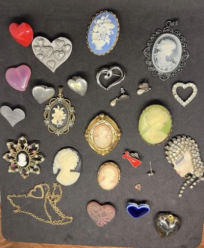 Vintage Costume Lady Cameo Heat Love Charm Pendant Brooch Jewelry Lot