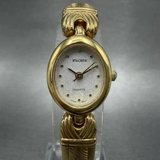 Elgin Watch Women 16mm Silver Dial Gold Tone Oval Bangle New Battery