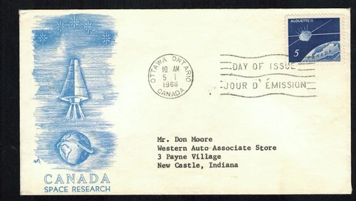 Canada #445, 1966 5¢ Alouette II Space Marg cachet FDC
