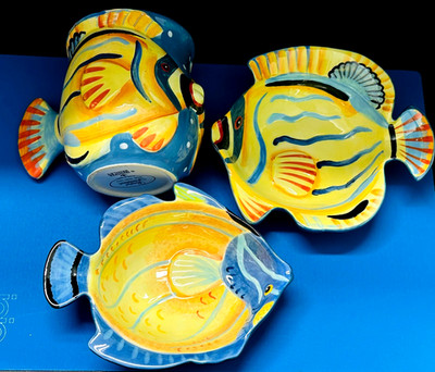 Lot of 3 Jennifer Brinley Certified Inter Fish Ceramic Mug Dish Tray Art Pottery