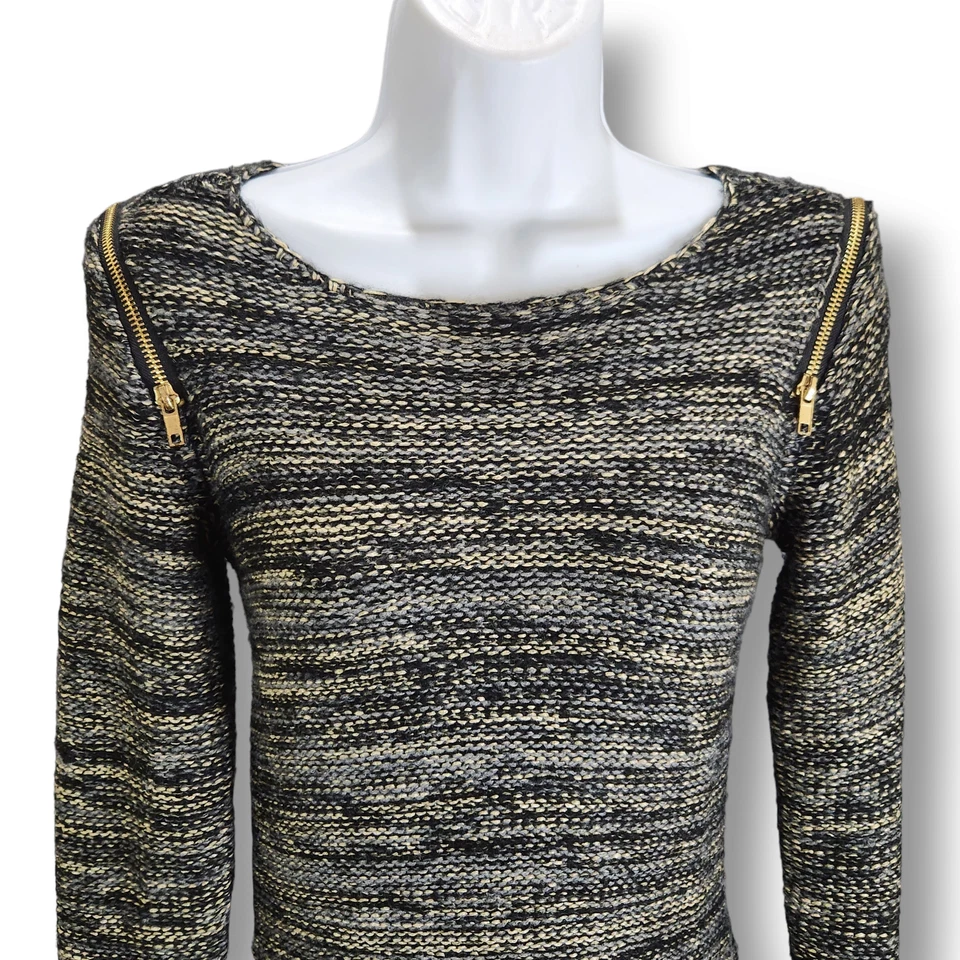 NY Collection Sweater Dress XS Black Gold Knit Grunge Rock Zipper Cold Shoulder - Image 2 of 4