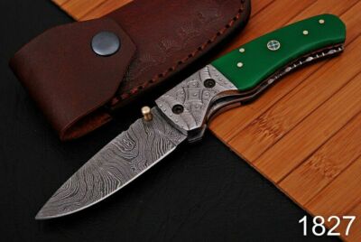 Forged Damascus Steel Folding Knife Engraved Steel Bolster bone Handle-AJ-1827