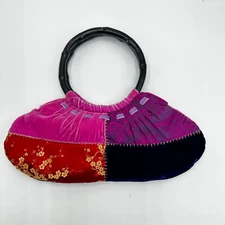 Shanghai Tang Silk Velvet Patchwork Handbag Black Painted Bamboo Handles Y2K VTG