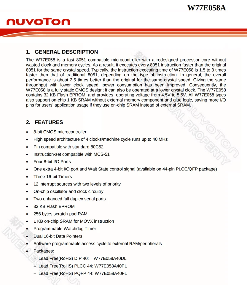 1X W77E058A40PL NUVOTON 8051 8 Bit MCU 32KB Flash PLCC-44 Microcontroller 40MHz - Image 3 of 4