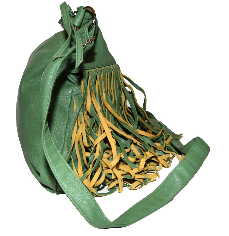 Bolso Bandolera Bongo Boho Hippie Largo Borlas Frontal Cuero Sintético Verde Foto 3 de 4