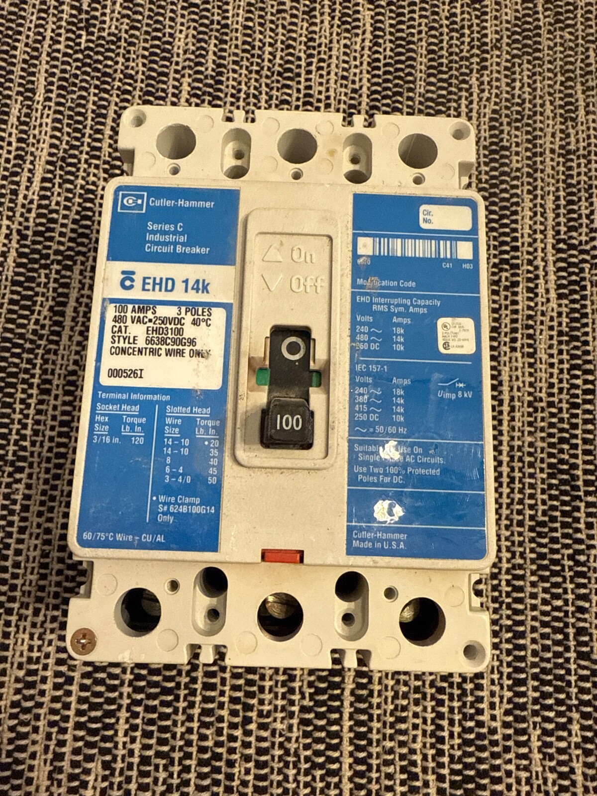 Cutler- Hammer Circuit Breaker EHD3100