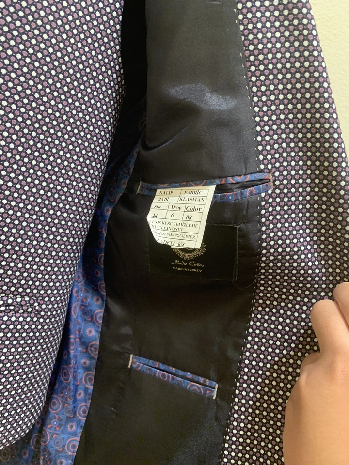 Terno masculino novo sem etiquetas EUA 34R roxo bolinhas lapela larga 3 peças - Imagem 3 de 4