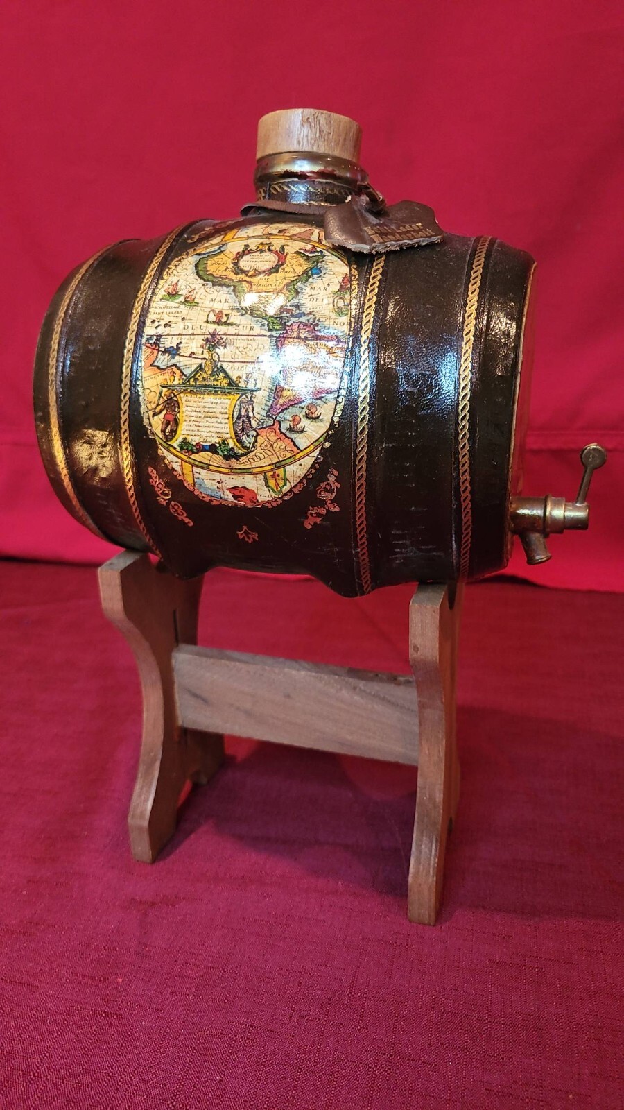 RARE Vtg German Handmade Wood Leather Barrel Keg Whiskey Brandy Liquor Bar Deco