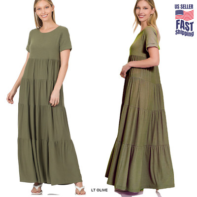ZENANA Tiered Maxi Dress Flared Knit Casual LT Olive Green Rayon Blend  Pullover | eBay