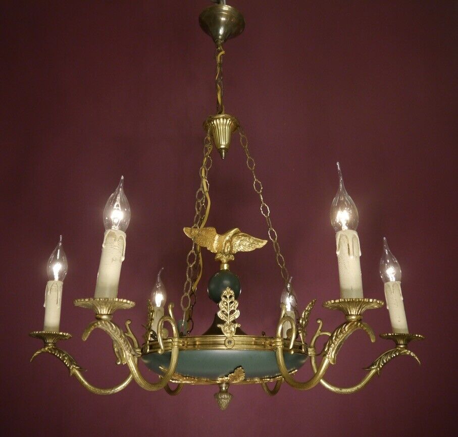 EAGLE 6 LIGHT BRASS FRENCH EMPIRE CHANDELIER GREEN VINTAGE CEILING USED Ø 26"