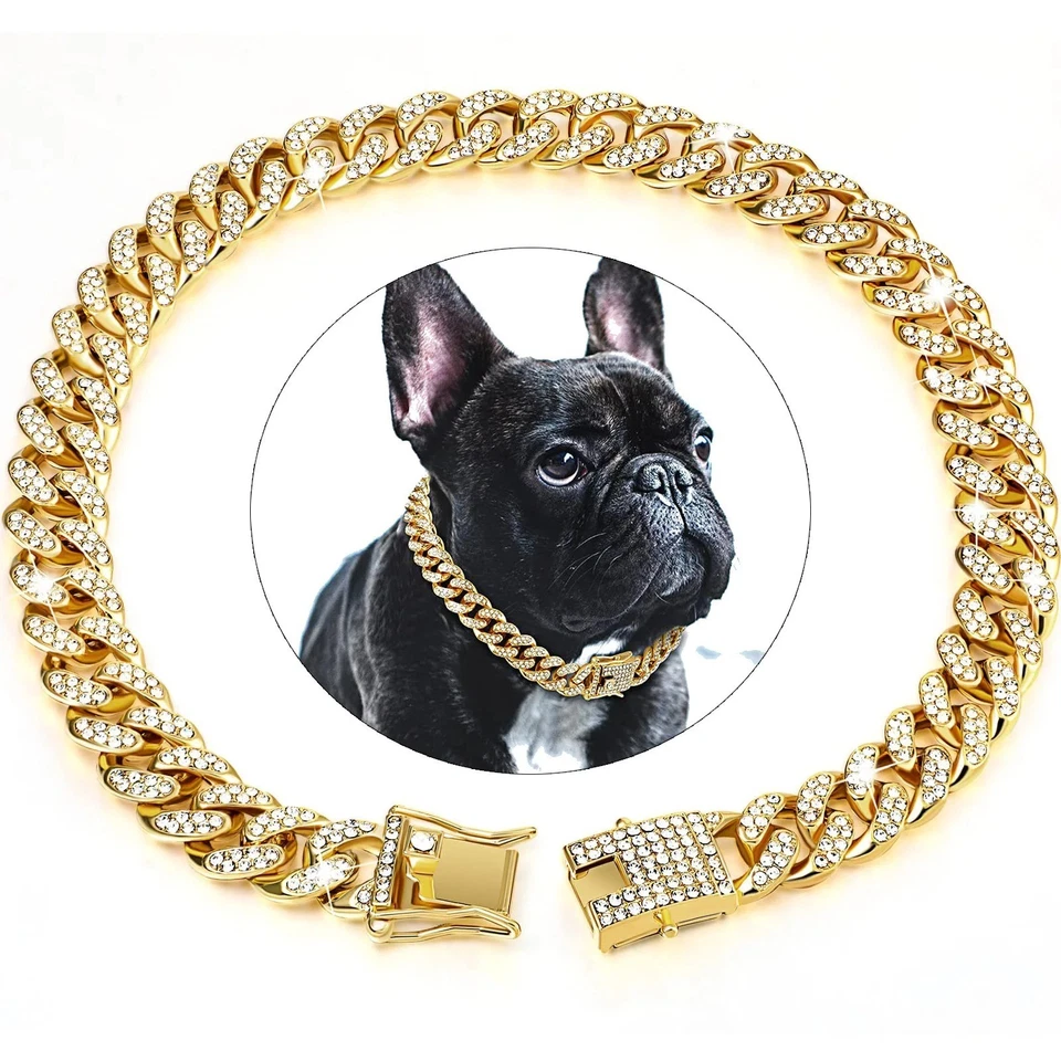 Dog Diamond Cuban Chain Collar Metal Pet Necklace w/ Secure Buckle Cat Jewelry - Image 3 of 4