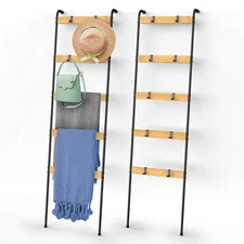 2 Pack Blanket Ladder 5-Tier Towel Rack w/10 Hooks Wall-Leaning Storage Ladder