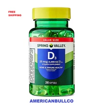 Spring Valley Vitamin D3 25 mcg (1000 IU) Softgels 200 Count Supplement for Bone