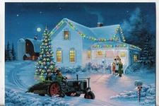 NOS LEANIN' TREE Christmas Card 6.75x4.75 Old Farm House w/Lights Green Tractor