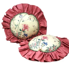 2 Vintage Round Throw Pillows Ruffle Accent Shabby Cottagecore Pink Floral  14"