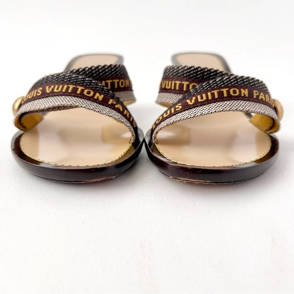 LOUIS VUITTON | Y2K Monograma Paris Logotipo Fita Salto Gatinho Sandálias Slides 37.5 - Imagem 4 de 4