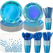 Iridescent Blue Party Supplies Set  Plates Cups Napkins for Wedding, Birthda...