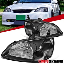Fit 2001-2003 Honda Civic Black Replacement Headlights Headlamp Left+Right 01-03