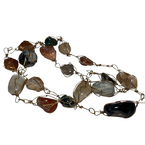 Vintage Gold Tone Caged Wire Wrapped Natural Gemstone Statement Necklace 32 Inch - Picture 15 of 20