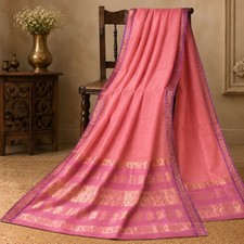 Sanskriti Vintage Saree Chanderi Style Zari Woven Cotton Silk Pink Fabric Sari