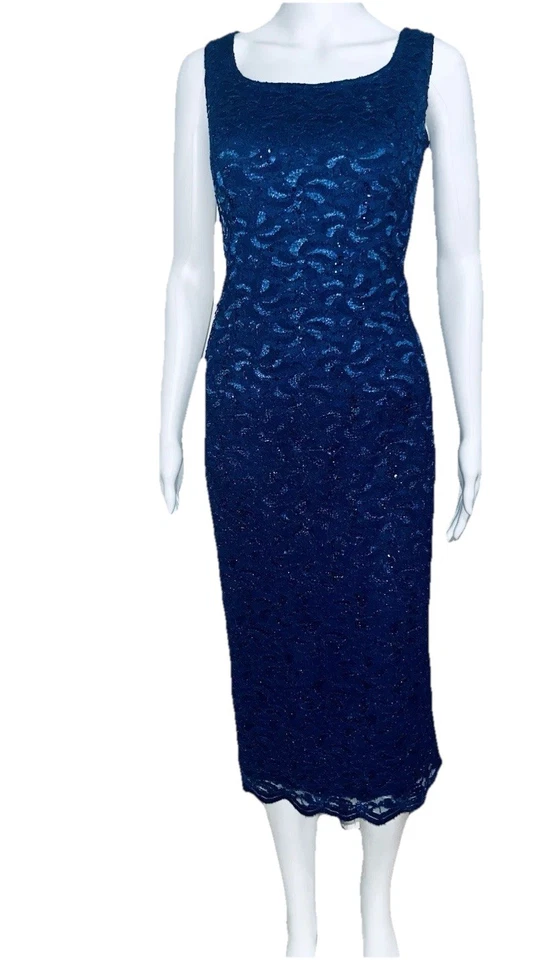 Sexy Vestido Alex Evenings Talla 10 Azul Marino Lentejuelas Elastizado Encaje Funda BodyCon Foto 3 de 4