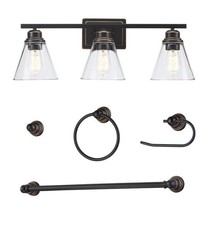 5 Piece Set 3-Light Vanity Light Oil Rubbed Bronze TP Holder Towel Ring Bar