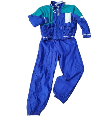 Vintage 80s Nylon Track Suit Jacket Pants Set Shoulder Pads Blue