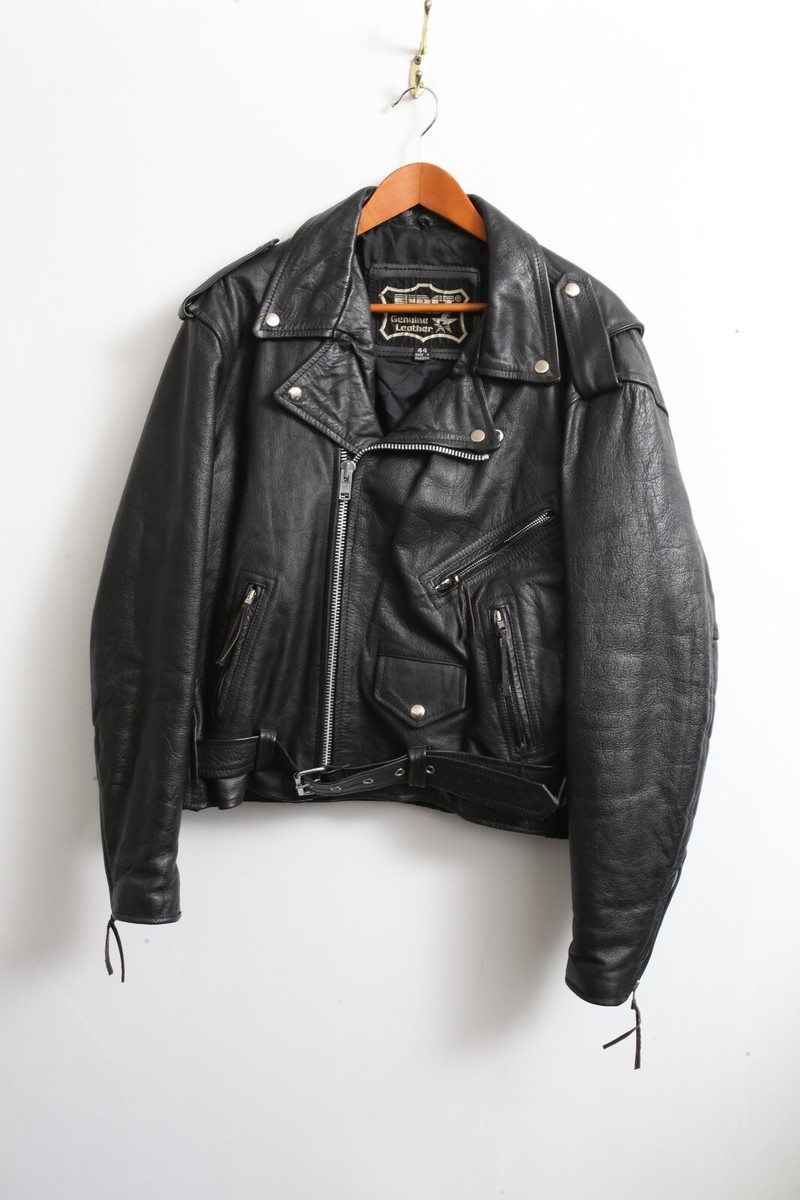 VTG Sz 44 Men's First Genuine Leather Retro Black Motorcycle