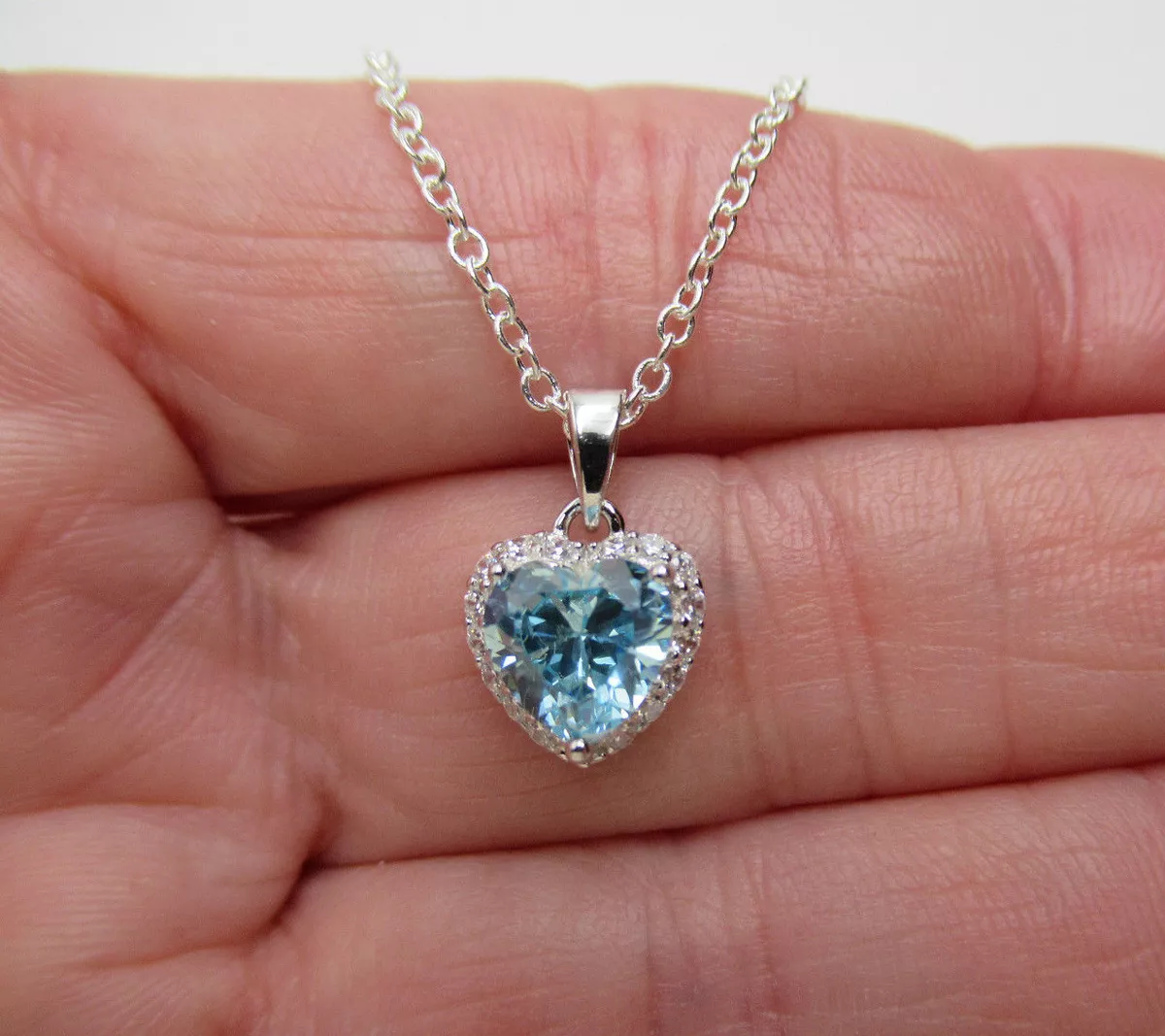 Impuestos Rubicundo Sentirse mal Blue Aquamarine CZ Heart Pendant 925 Sterling Silver March Birthstone  Necklace | eBay