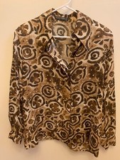 LOUIS FERAUD 10 12 Large Brown Wool Silk Women's Designer Vintage Blouse Top