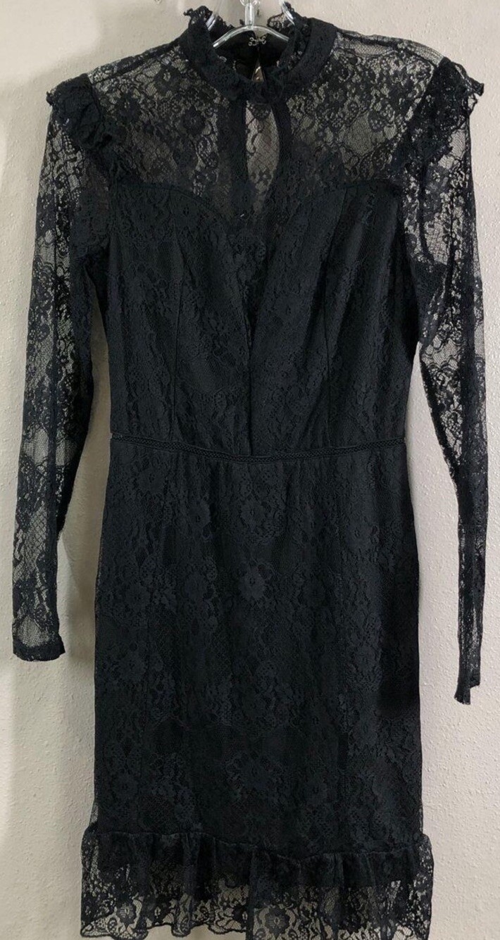 Bebe Womens Black Floral Long Sleeve Laced Back Zip Mini Dress Size Medium