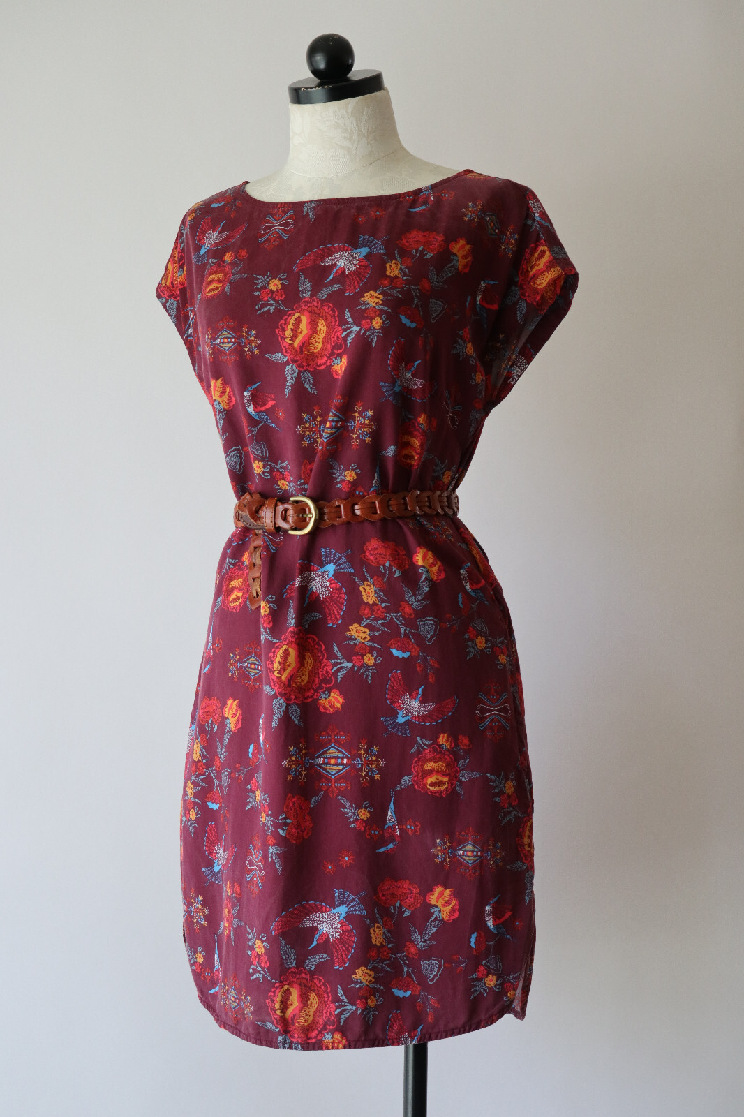 Patagonia Worn Wear Burgundy Colorful Lyocell Floral Bird Print Dress Women S thumbnail 6