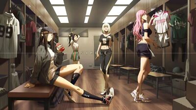 Anime girls locker room shorts skirt hat drink playmat gaming mat