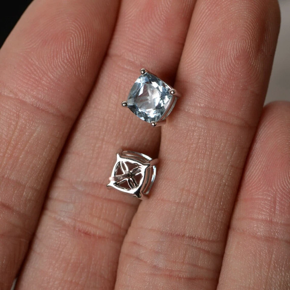 Aretes de plata de ley 925 con piedras preciosas de corte cojín de aguamarina para mujer Foto 4 de 4
