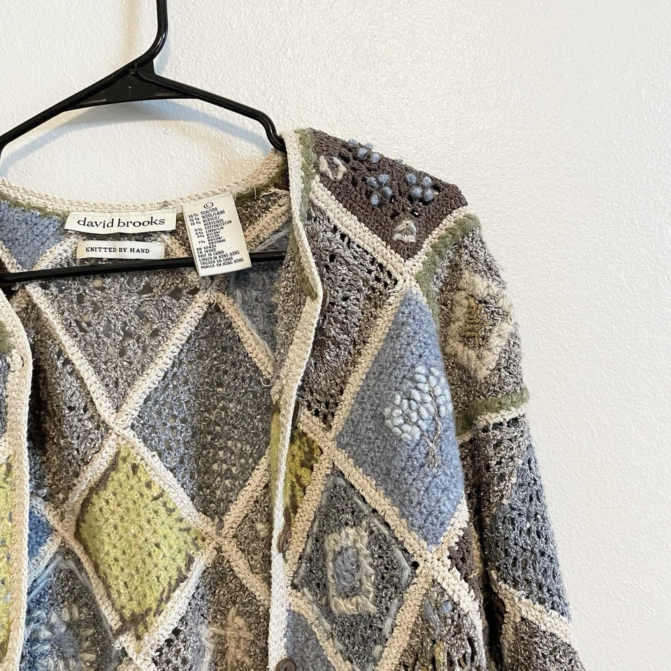 Vintage Knitted by Hand Silk Wool Blend Blue Green Granny Sweater Cardigan L - Image 3 of 4