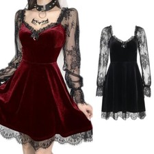 Women Lace Patchwork Flare Sleeve Witchy Gothic Vintage Swing Dress
